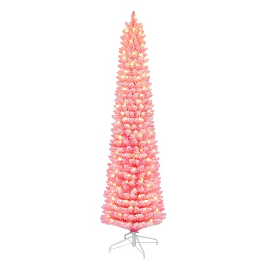 7.5ft. Pre-Lit Fashion Pink Flocked Artificial Christmas Tree, Clear Incandescent Lights